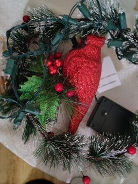 Glitter Red Cardinal Holiday Lighted Tree Topper with Green Pine and Berries